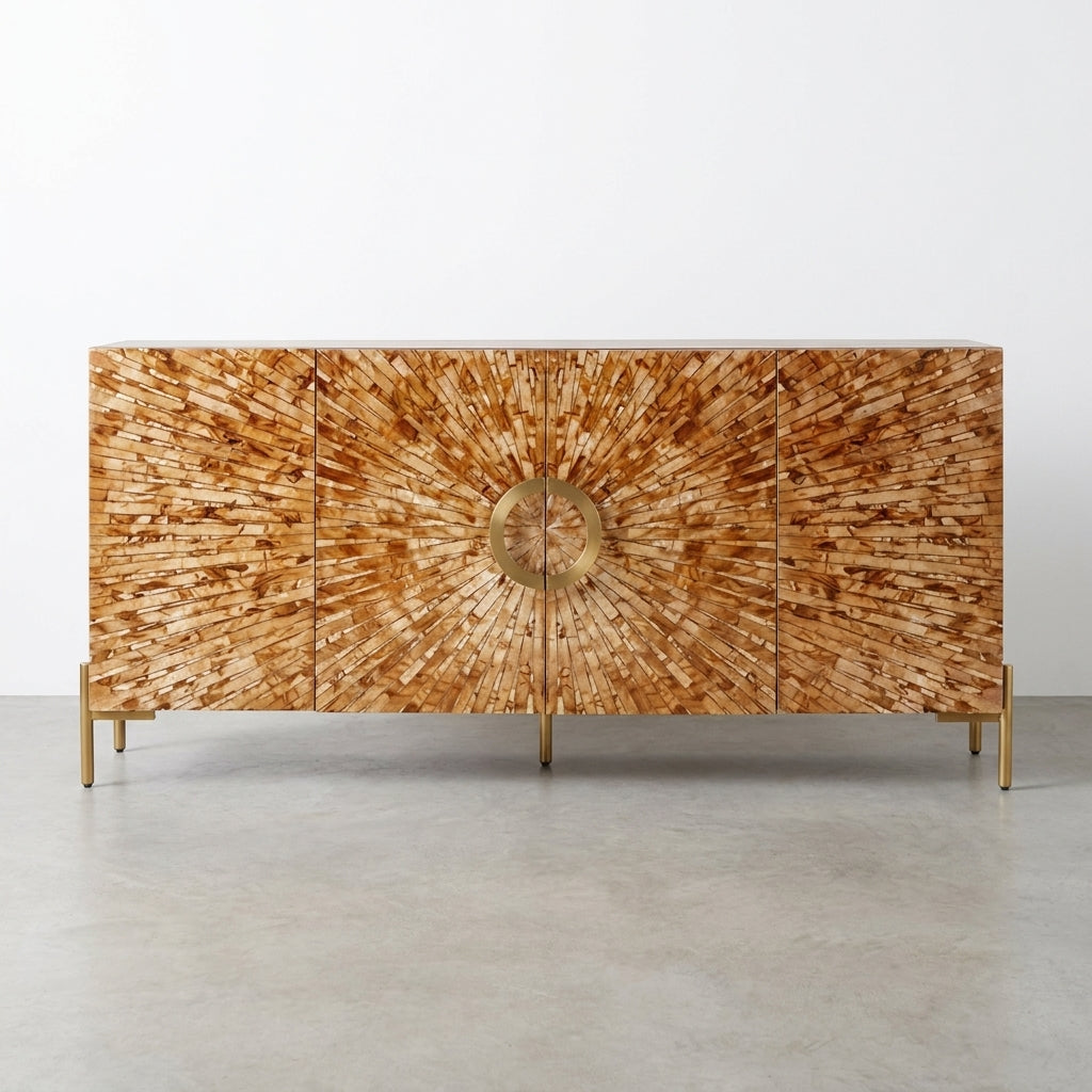 Wooden cabinet with sunburst pattern, open doors revealing shelves.