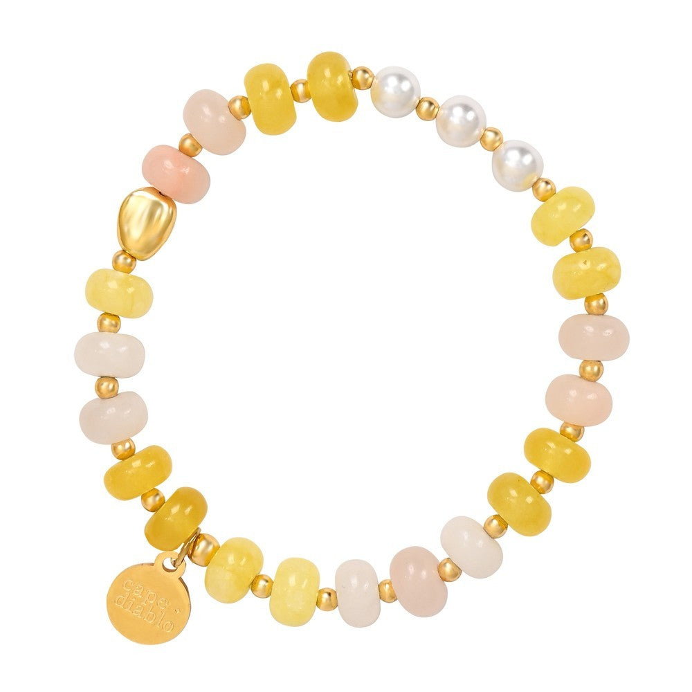 Colorful beaded bracelet with gold accents and charm.
