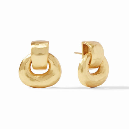 A pair of sculptural gold hoop earrings with chunky, rounded links.