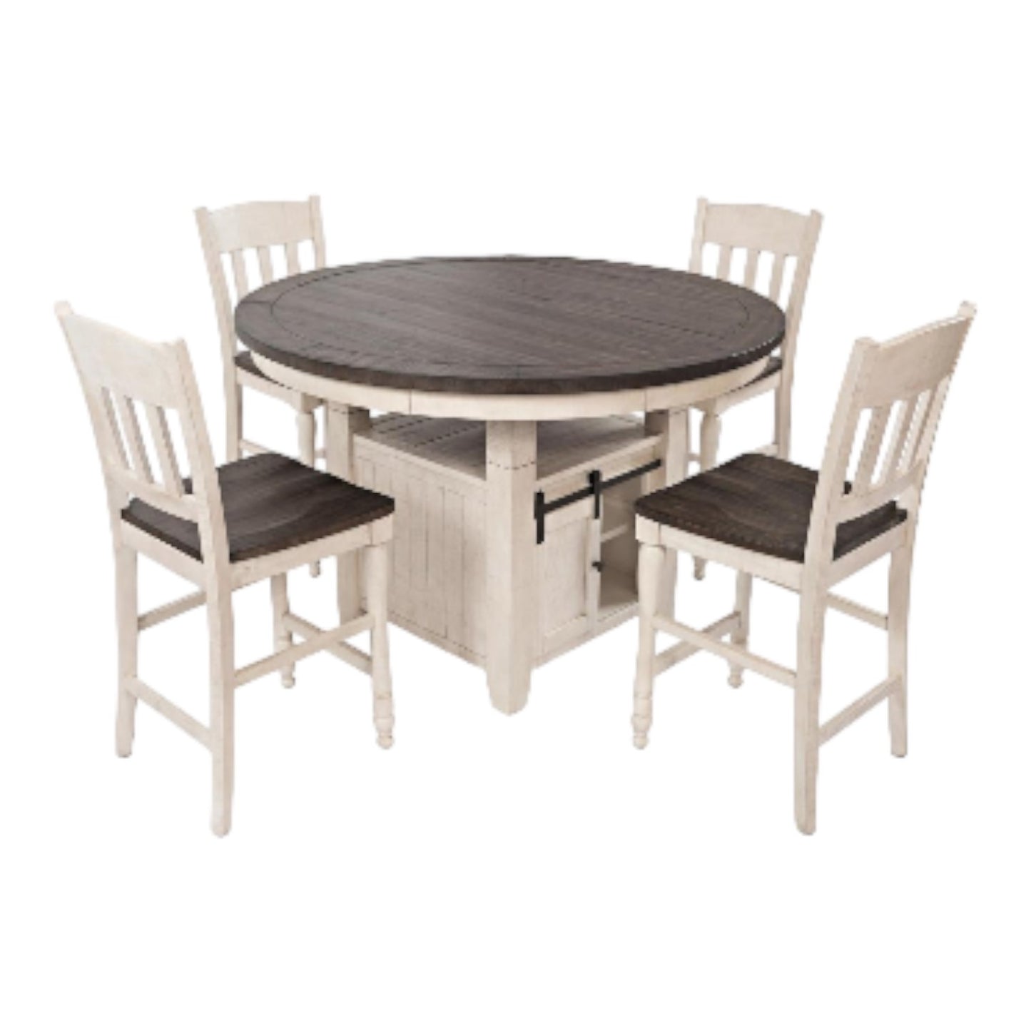 Round table with four chairs, two-tone design.