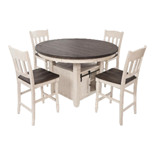 Round table with four chairs, two-tone design.
