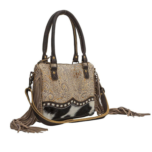 Brown paisley handbag with fringe detailing.
