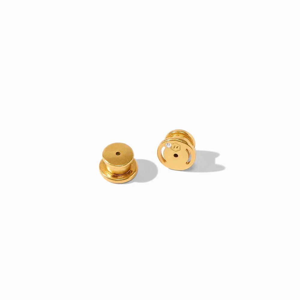 Two gold-toned earring backs displayed on a white background.