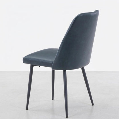 Dark gray chair with slender black legs, viewed from the back.