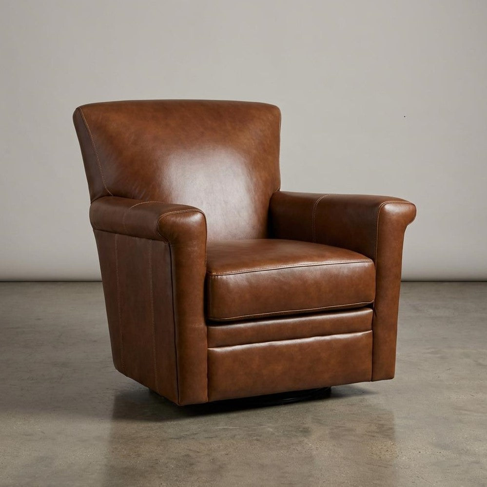 Brown leather armchair on a polished concrete floor.