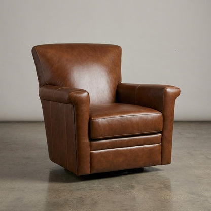 Brown leather armchair on a polished concrete floor.