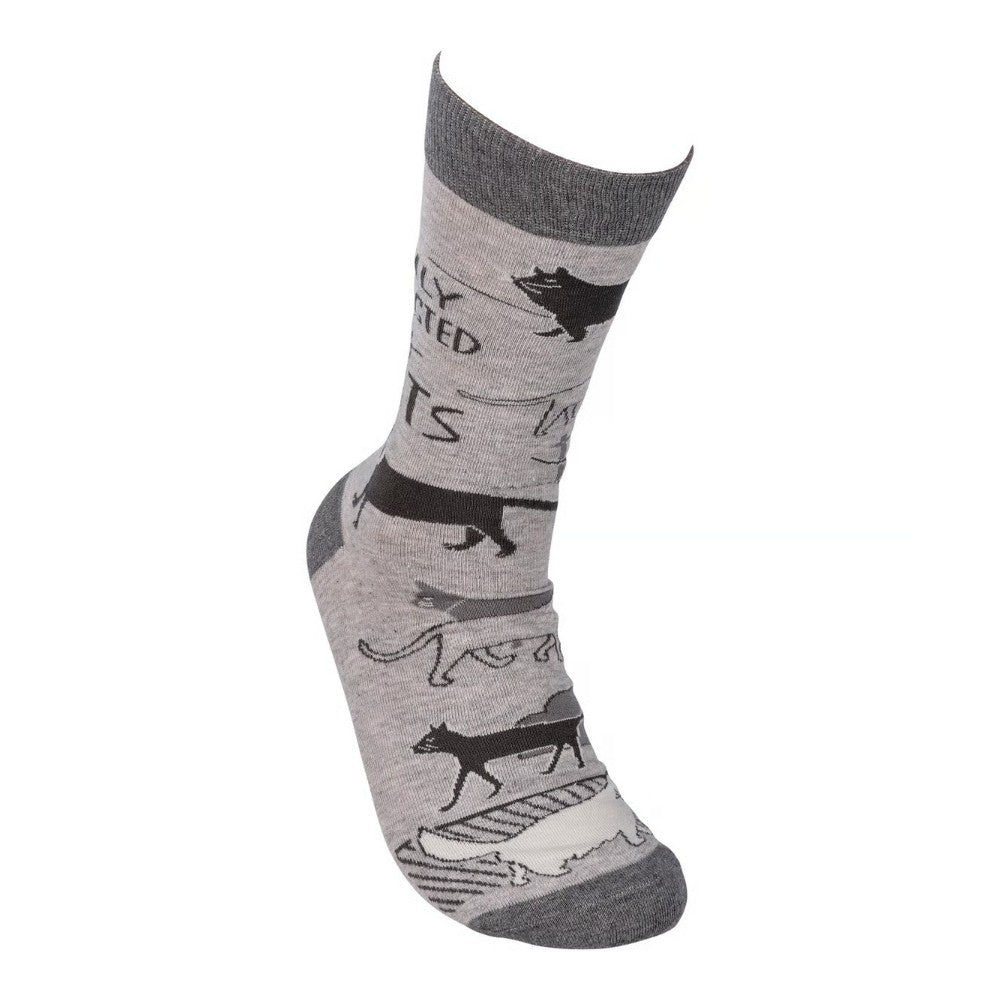 Gray sock with black cat pattern and "Cats" text.