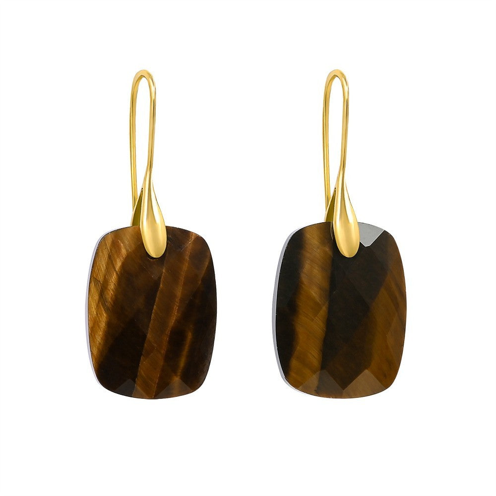 Gold hook earrings with brown, faceted rectangular stones.