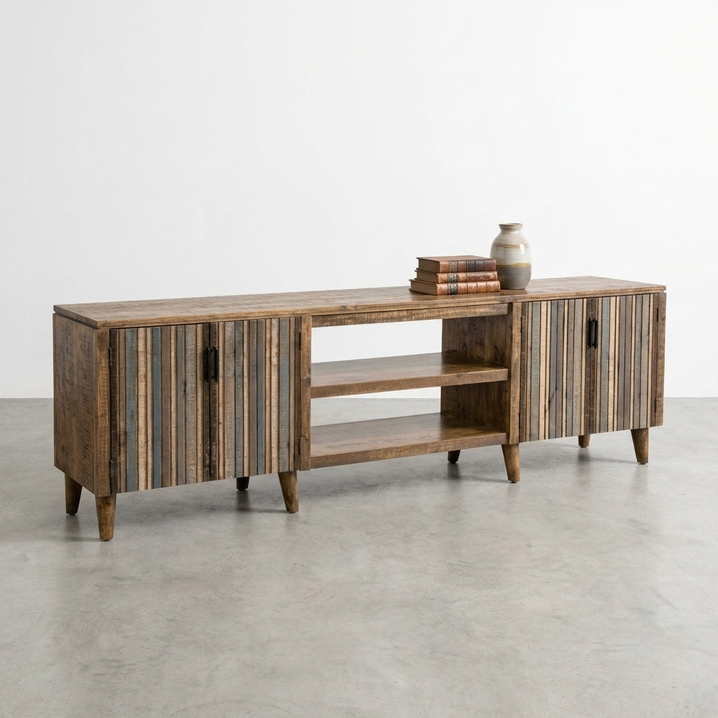 Wooden TV stand with open doors and central shelves.