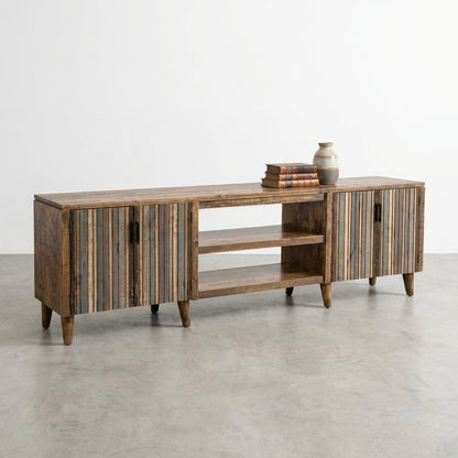 Wooden TV stand with open doors and central shelves.