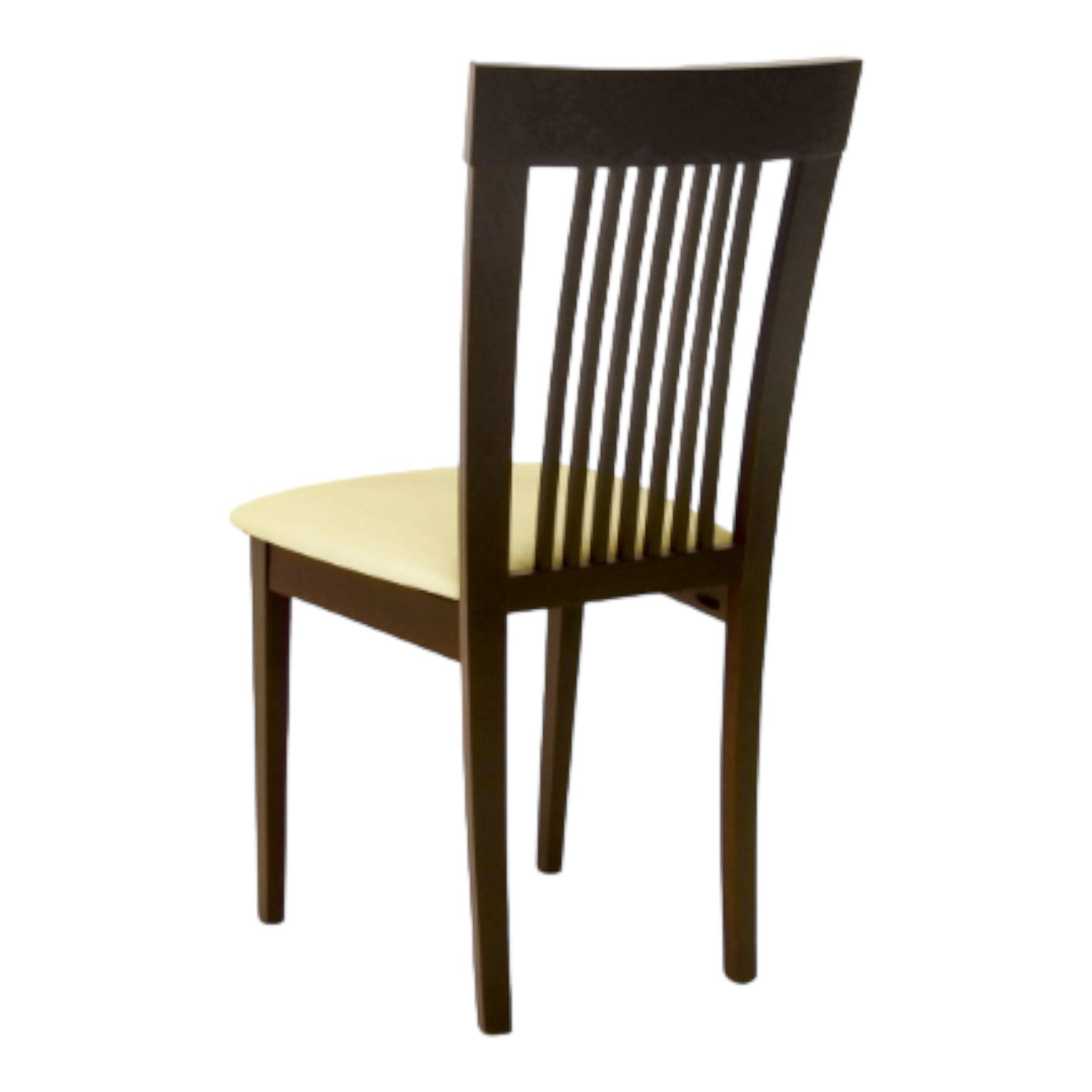 Wooden chair with a slatted back and beige seat.