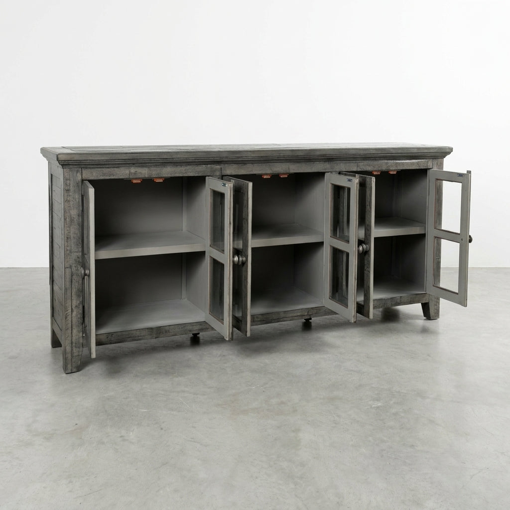 Gray wooden cabinet with open glass doors and shelves.