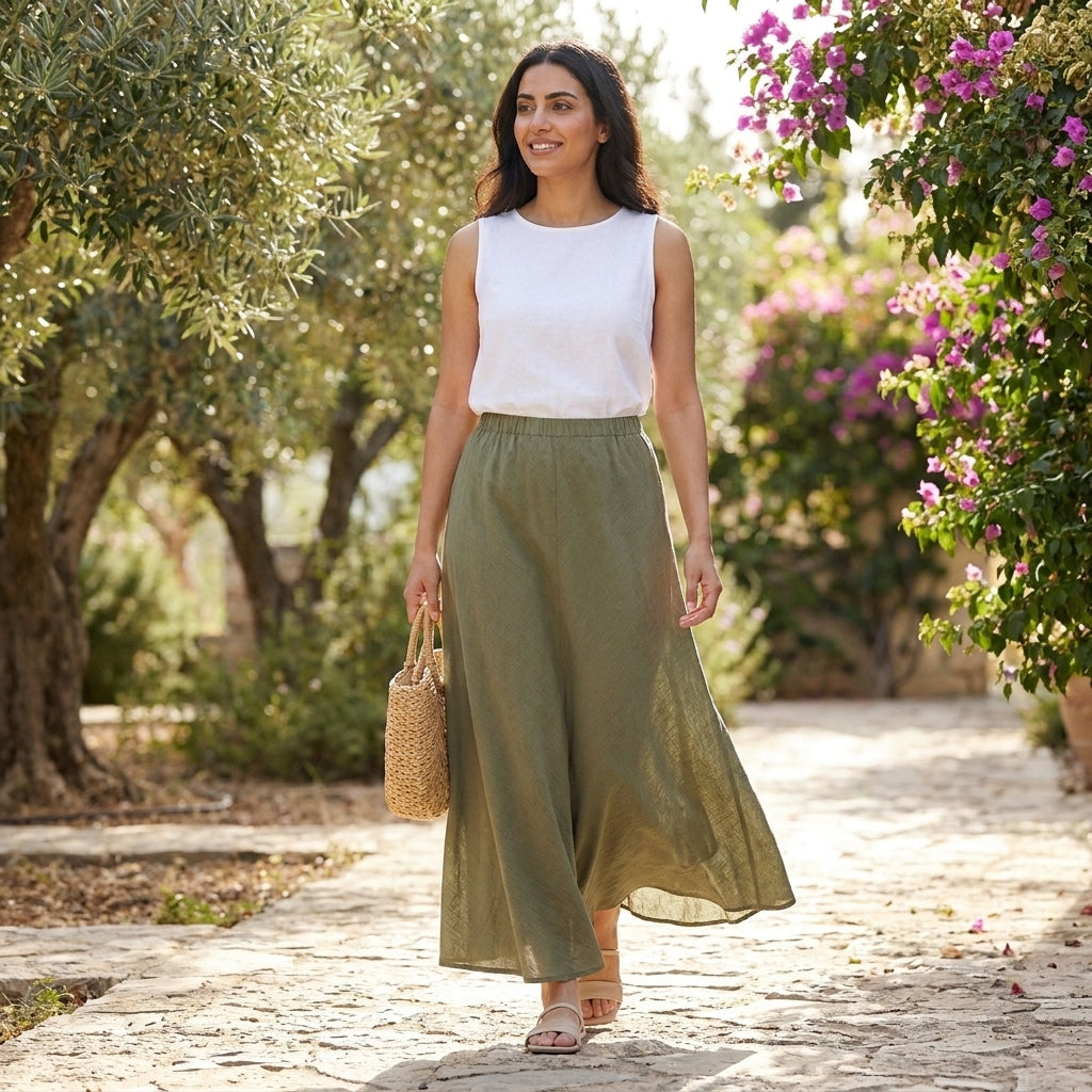 Woman in a garden wearing a white top and green skirt, carrying a woven bag.