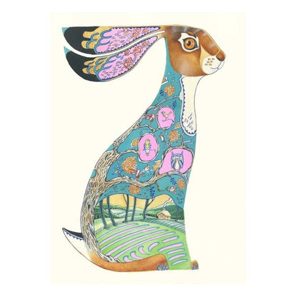 Colorful hare illustration with intricate patterns and wildlife scenes.