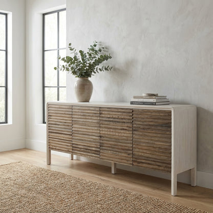 Rustic wooden sideboard with a modern, slatted design.