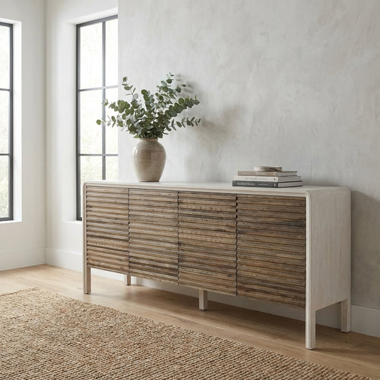 Rustic wooden sideboard with a modern, slatted design.