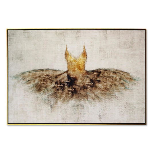 Abstract art of a bird with spread wings in earthy tones.