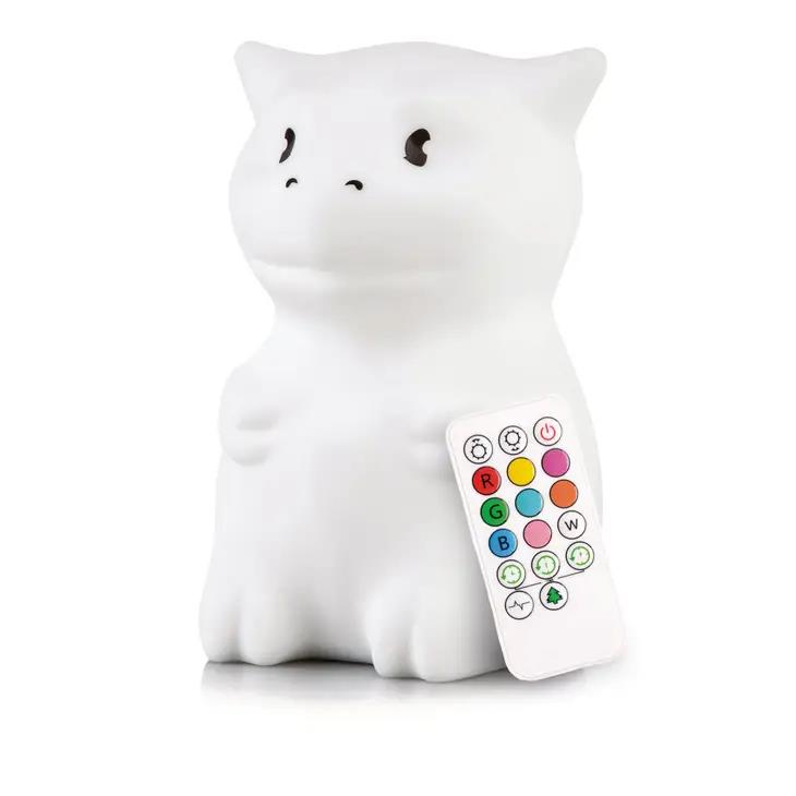 White cat-shaped lamp with a colorful remote control.
