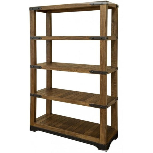 Wooden bookshelf with metal accents, 5 shelves.