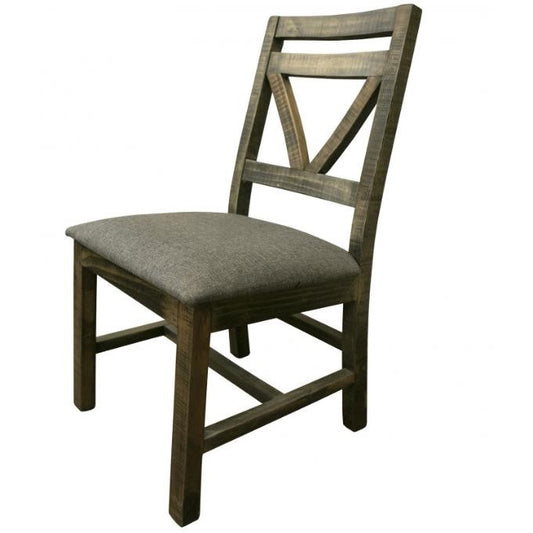 Wooden chair with a cushioned seat and angled backrest design.