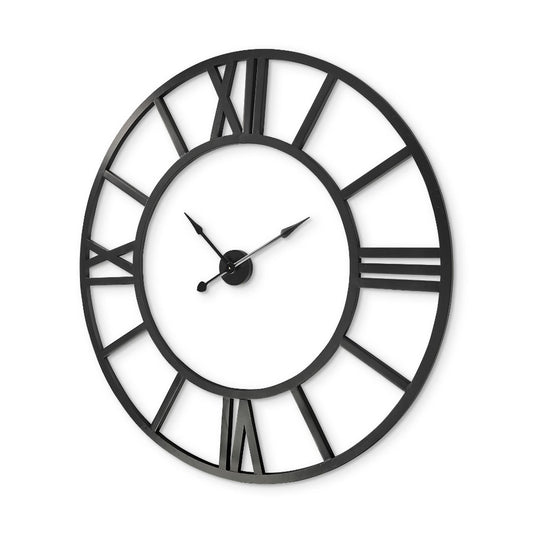 Black metal wall clock with Roman numerals.