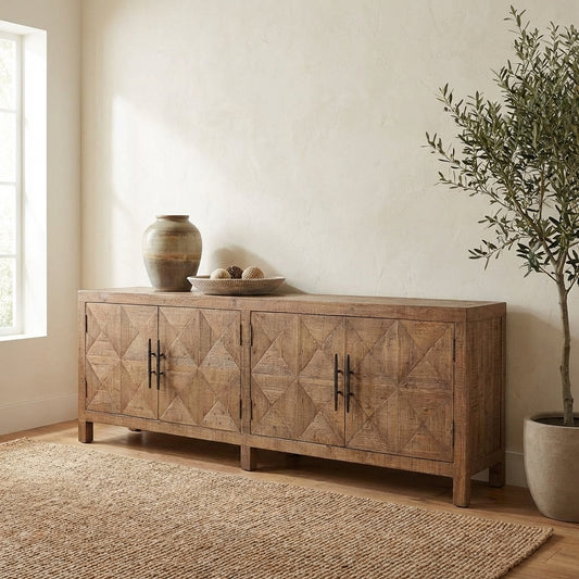 Wooden sideboard with geometric patterns and metal handles.