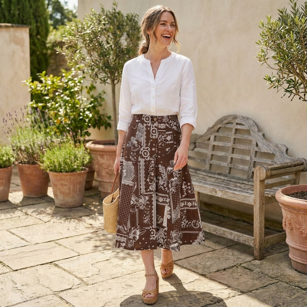 Woman in white top and brown skirt smiling outdoors, holding a straw bag.