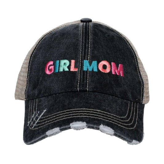 Black cap with "GIRL MOM" in colorful letters, distressed look.