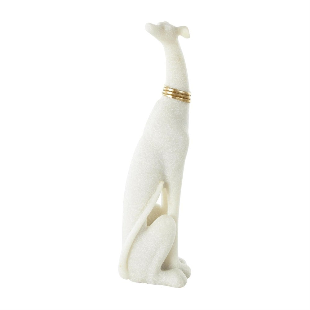 White statue of a sleek sitting dog with a golden collar.