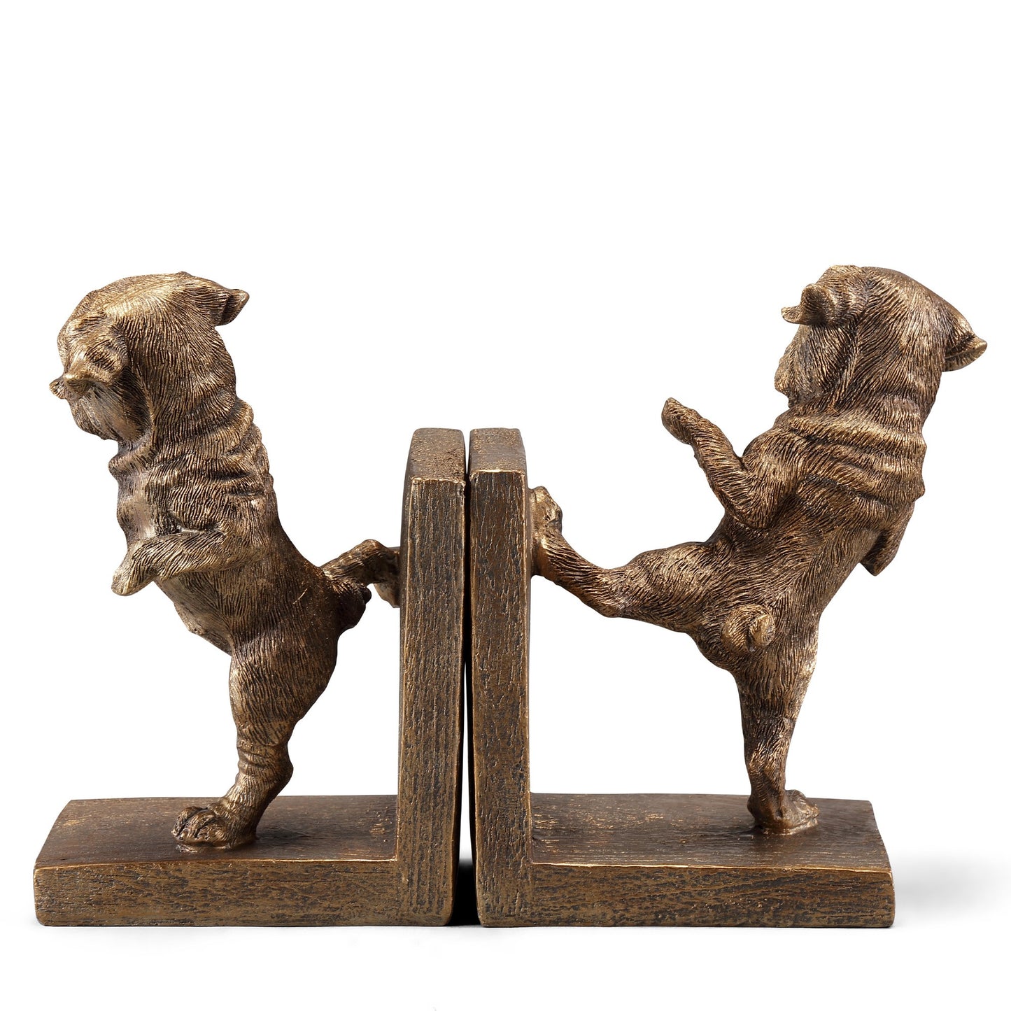 Two bronze dog bookends facing outward with paws against a center divider.