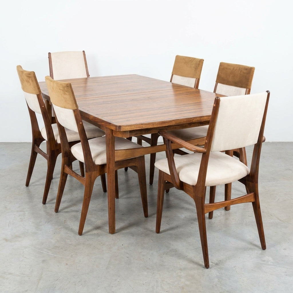 Wooden dining set with beige chairs and decorative tableware centerpiece.