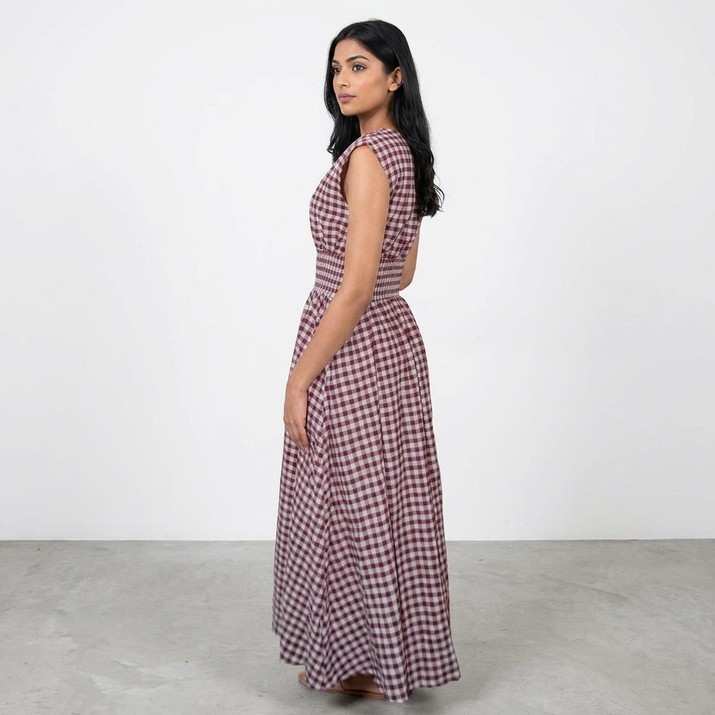 Woman in a checkered dress standing sideways in a minimalist setting.