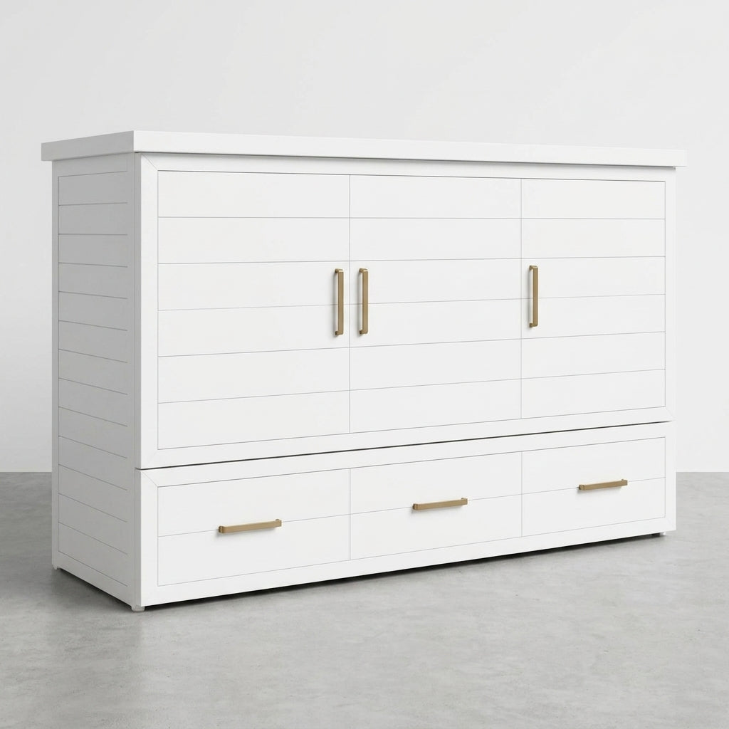 White cabinet with gold handles on grey floor.