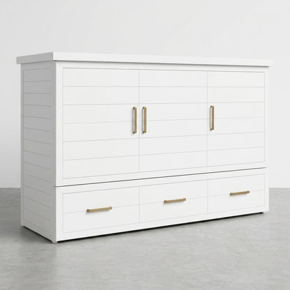 White cabinet with gold handles on grey floor.