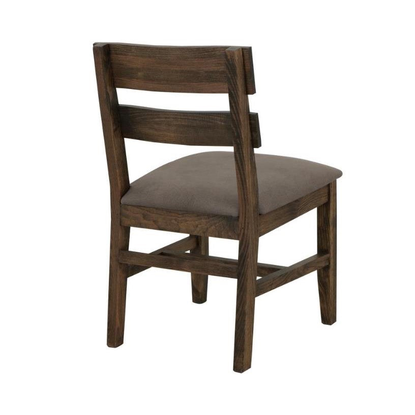 Wooden chair with cushioned seat, back view.