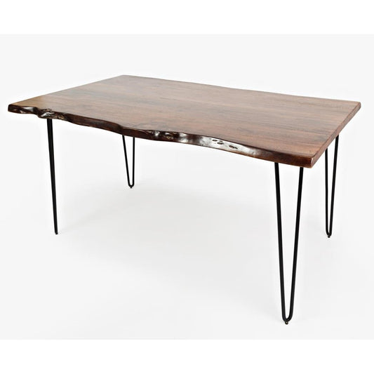 Wooden table with hairpin legs and a natural edge design.