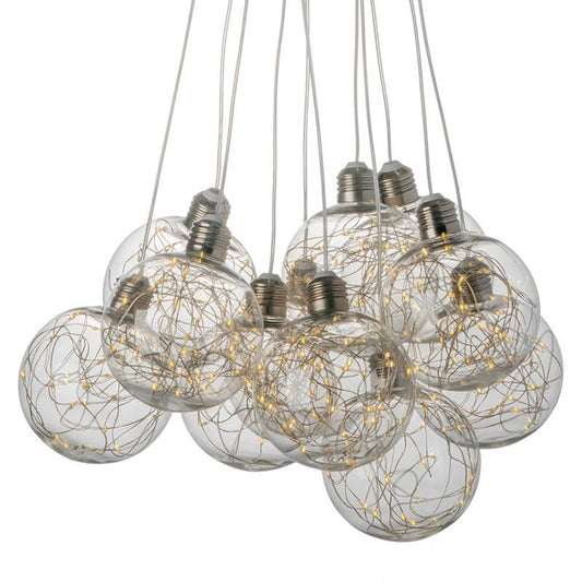 Cluster of hanging clear bulbs with tangled LED wires.