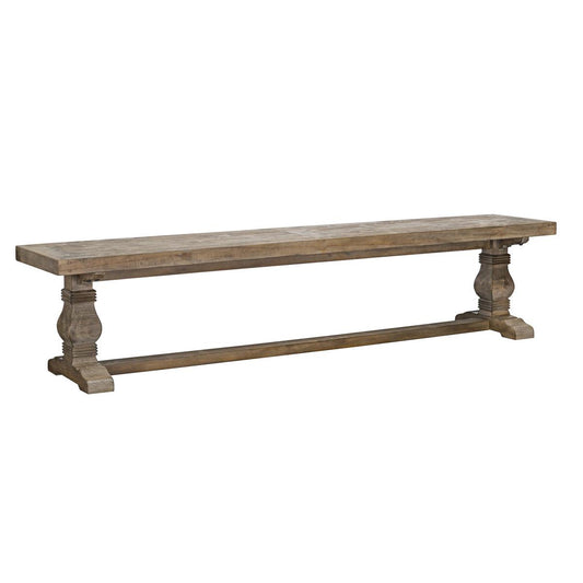 Rustic wooden bench with ornate legs and a simple design.
