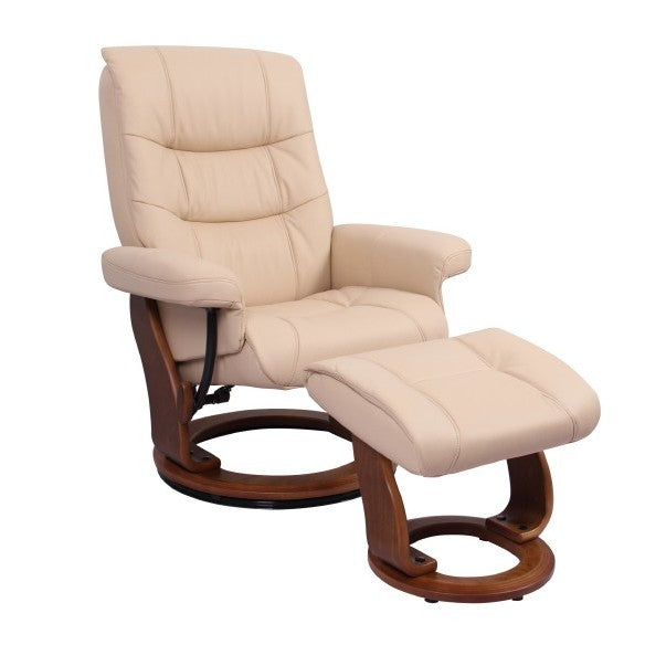 Cream recliner chair with matching ottoman, wooden base.