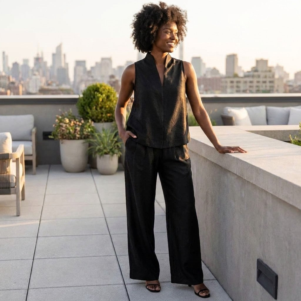 A smiling woman in a black outfit stands on a rooftop terrace overlooking the city.
