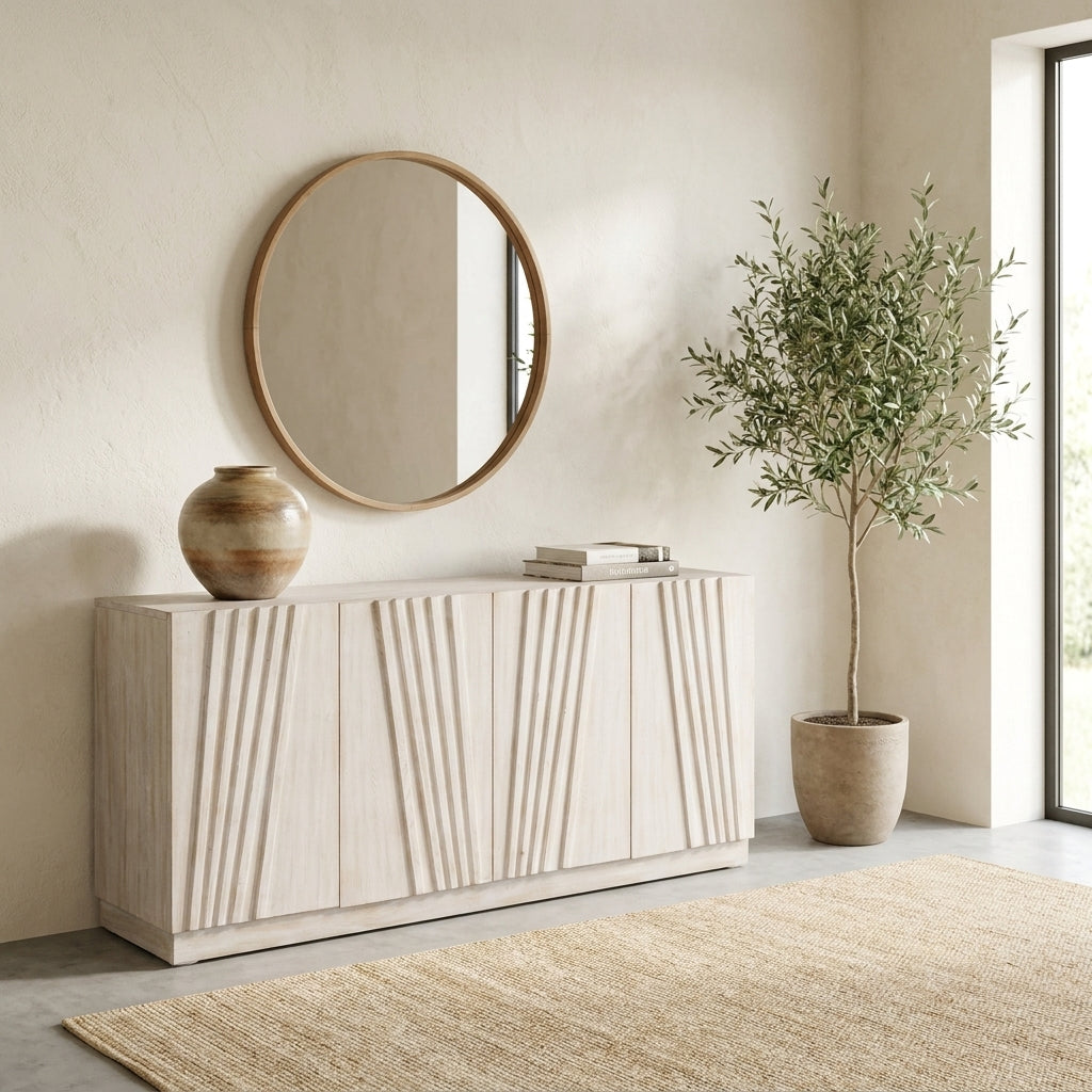 Modern minimalistic interior with a mirror, cabinet, potted plant, and vase.