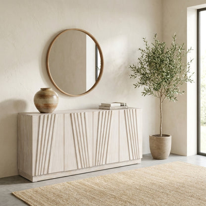 Modern minimalistic interior with a mirror, cabinet, potted plant, and vase.