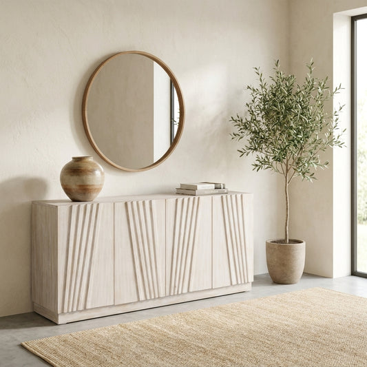 Modern minimalistic interior with a mirror, cabinet, potted plant, and vase.