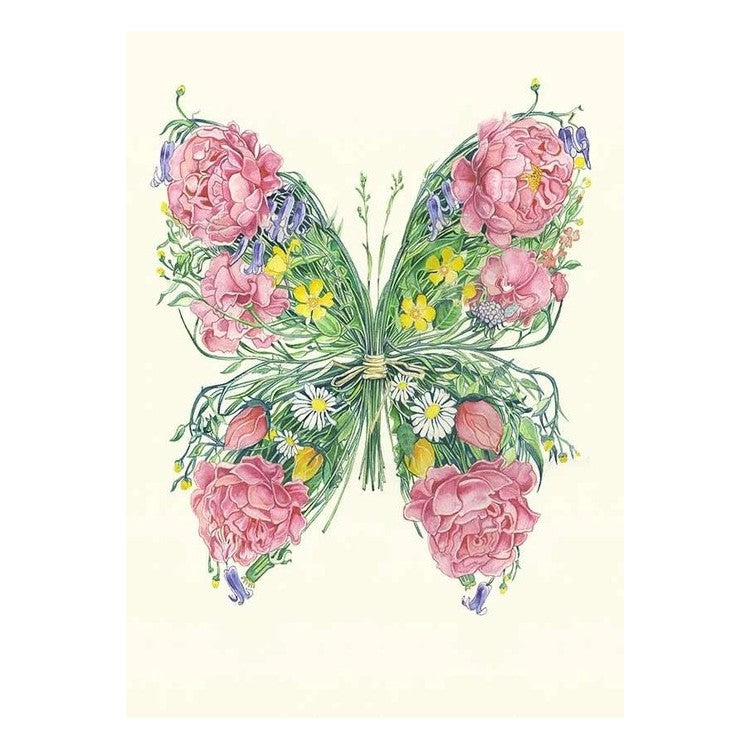 Butterfly-shaped floral bouquet with pink and yellow flowers.