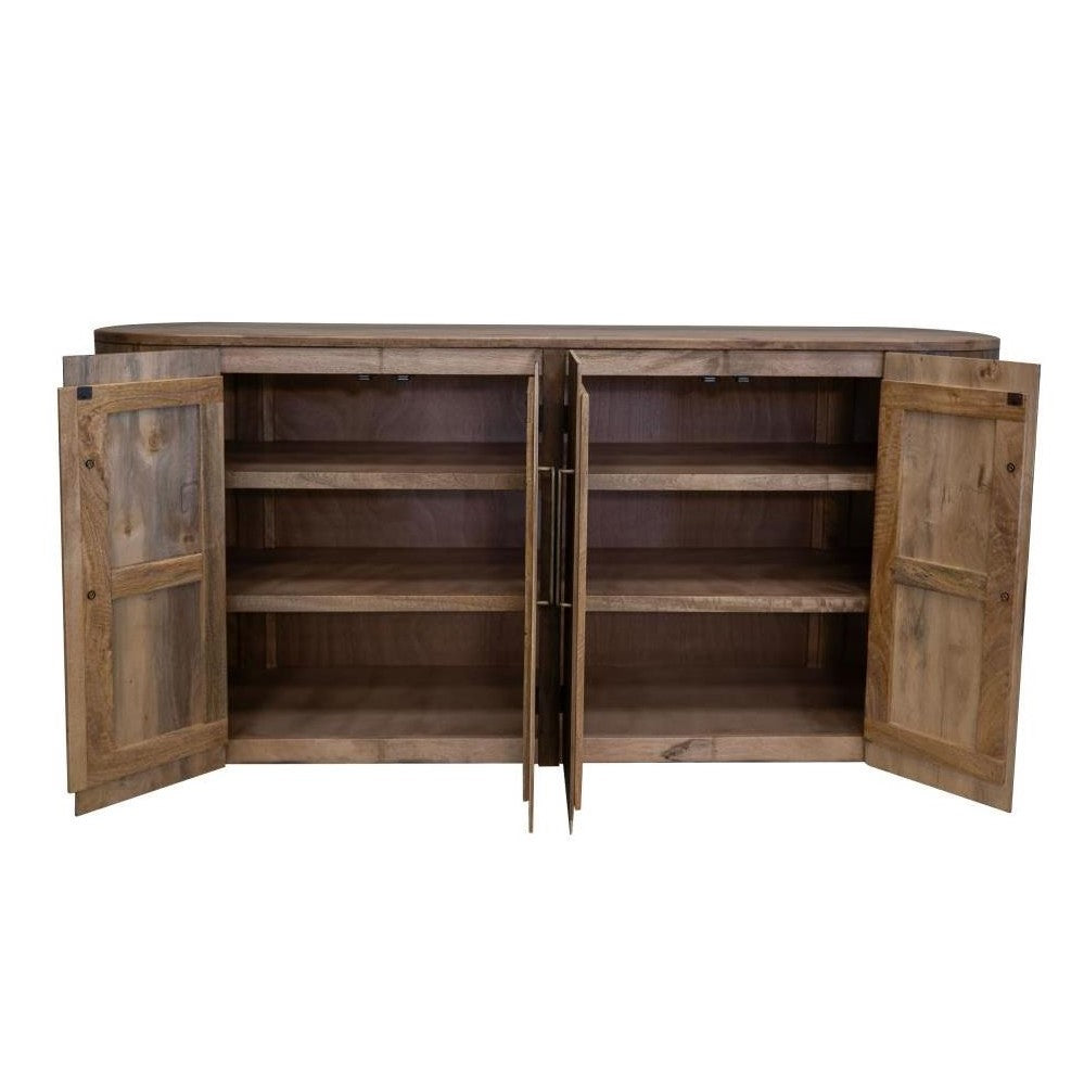 Wooden cabinet with open doors and empty shelves.