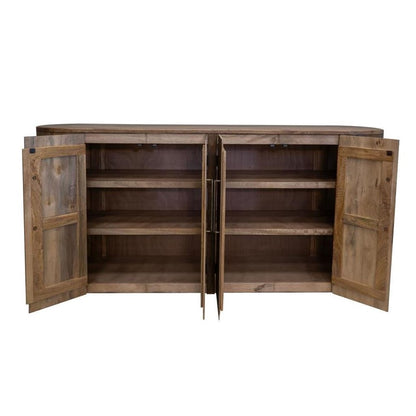 Wooden cabinet with open doors and empty shelves.