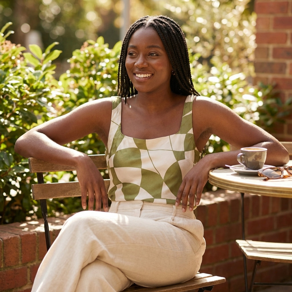 Woman in a green patterned dress outdoors by a wooden table.