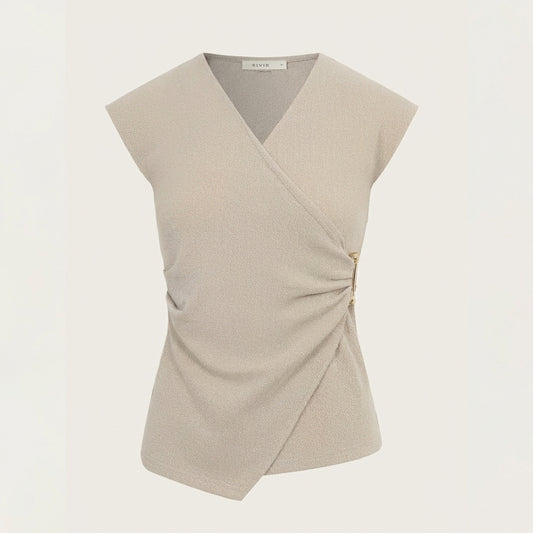 Beige wrap top with cap sleeves and two side buttons.