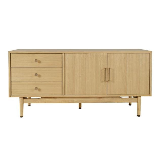 Wooden sideboard with three drawers and two cabinet doors.