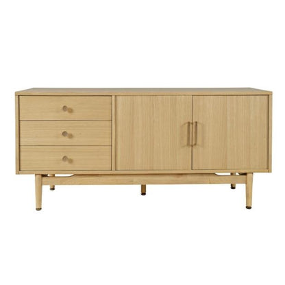Wooden sideboard with three drawers and two cabinet doors.